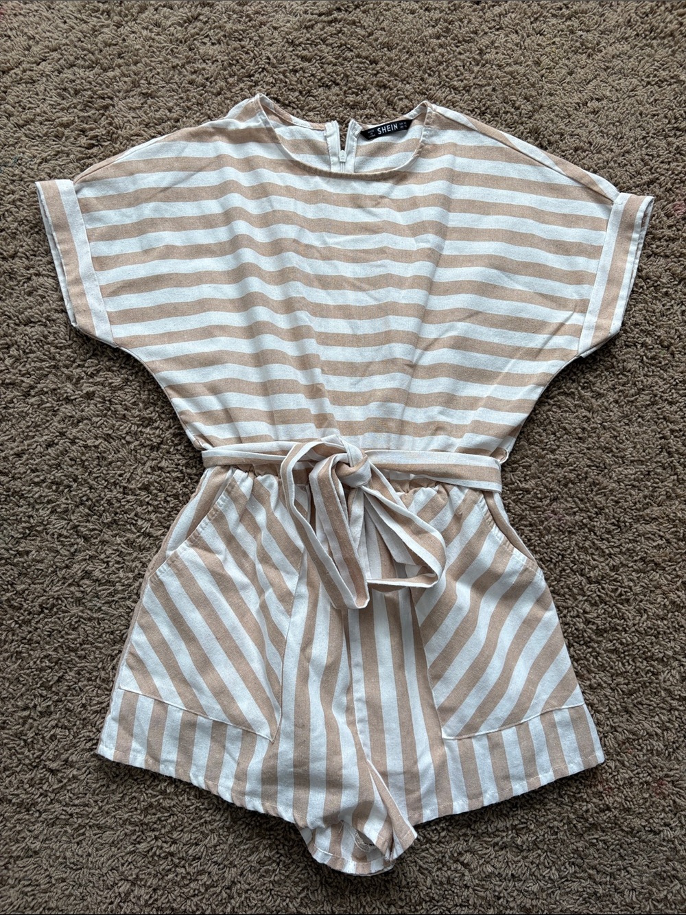 SHEIN Beige and White Striped Belted Tunic Romper